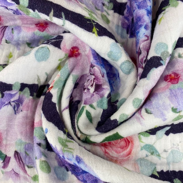 Musselin Double Gauze Stoff, Druck Blumen Streifen
