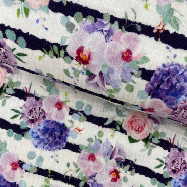 Musselin Double Gauze Stoff, Druck Blumen Streifen