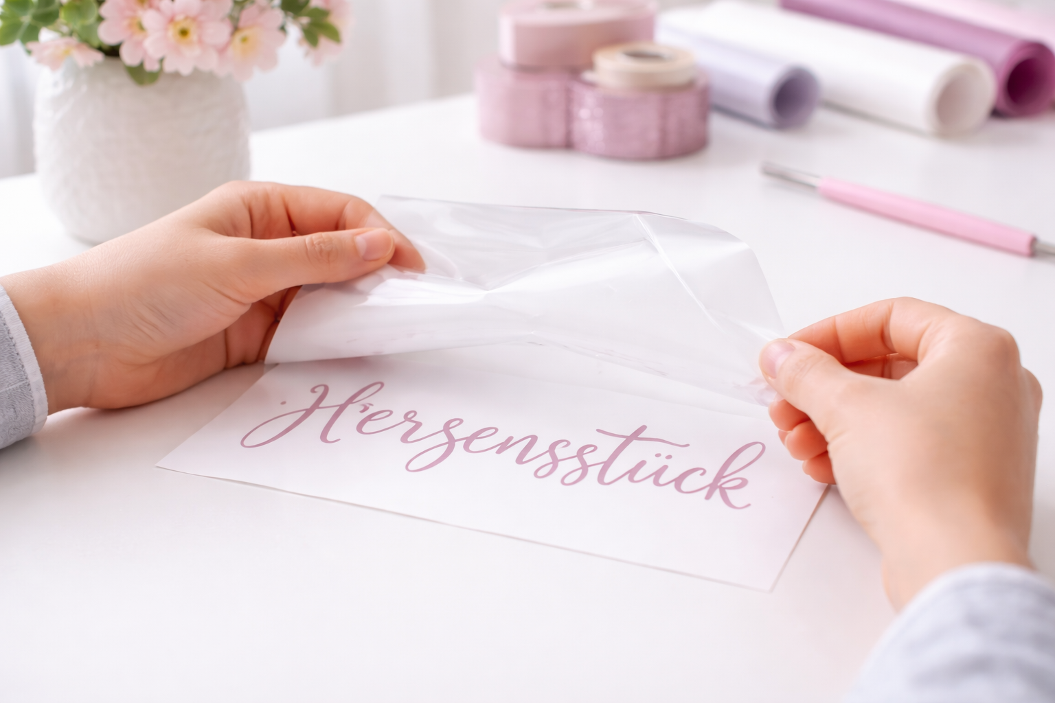 Hände entgittern einen filigranen Schriftzug aus Vinylfolie. Entgittern bei Plotterprojekten.