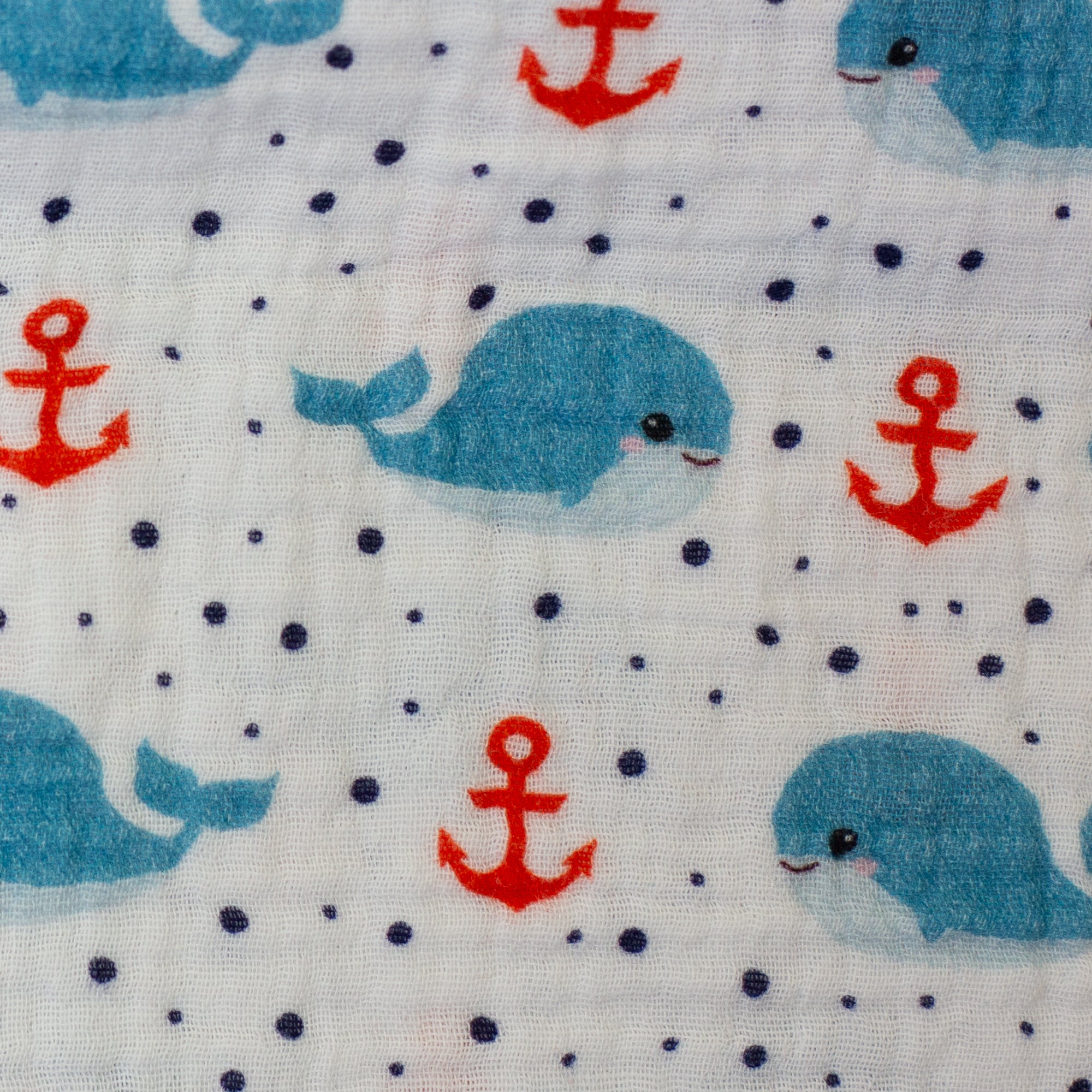 Musselin Double Gauze Stoff, Druck Wale weiss