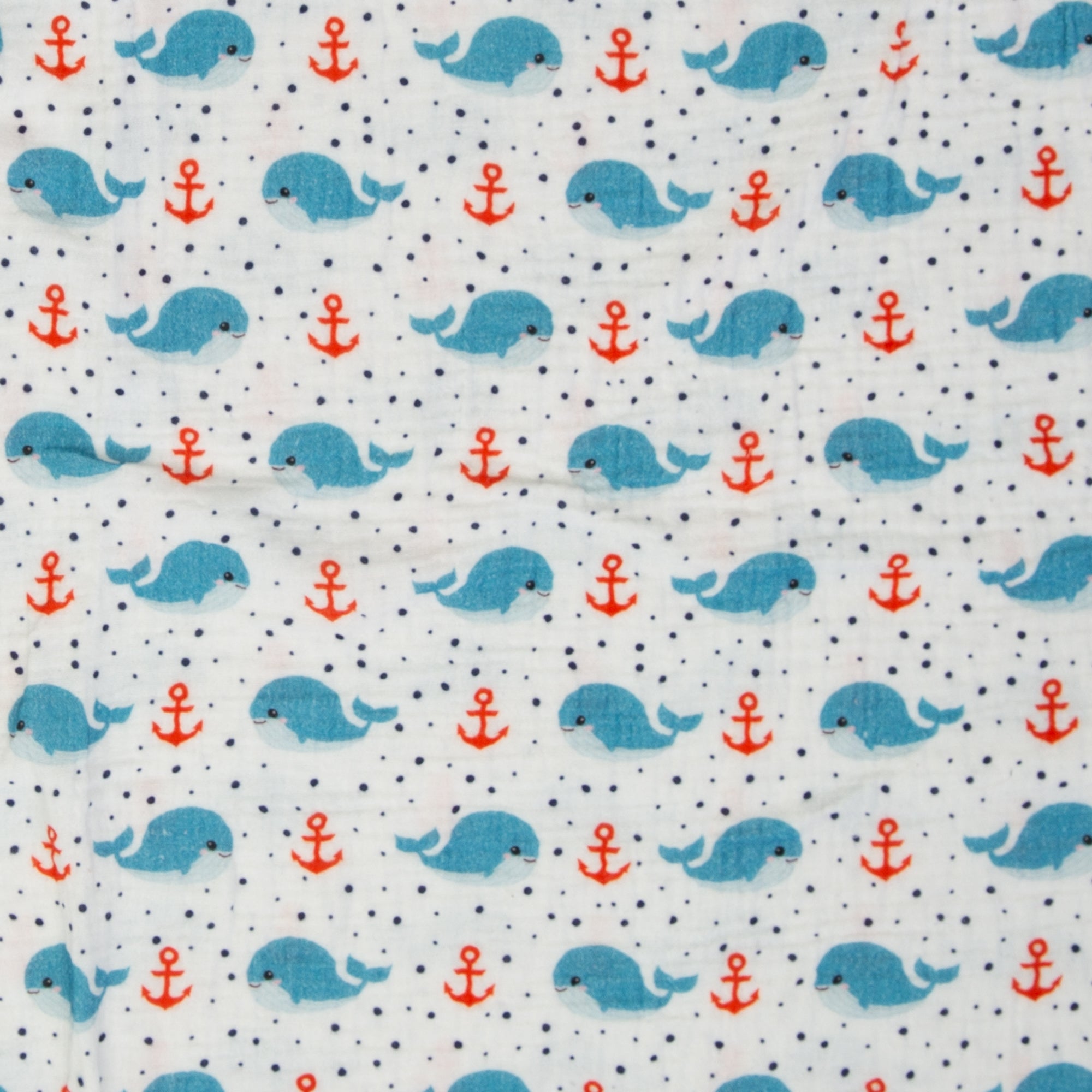 Musselin Double Gauze Stoff, Druck Wale weiss