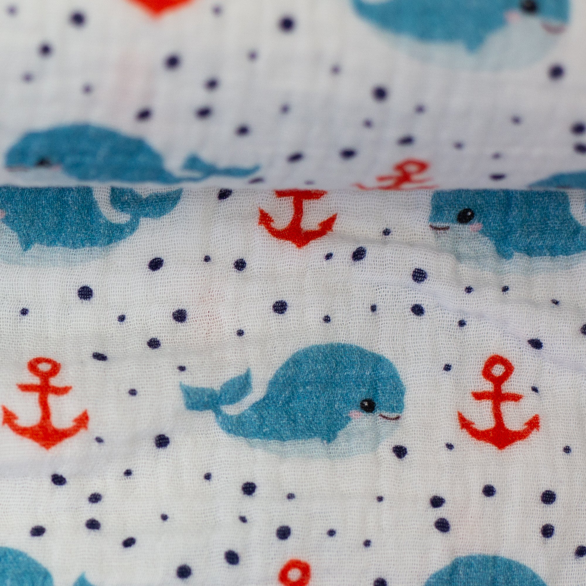 Musselin Double Gauze Stoff, Druck Wale weiss