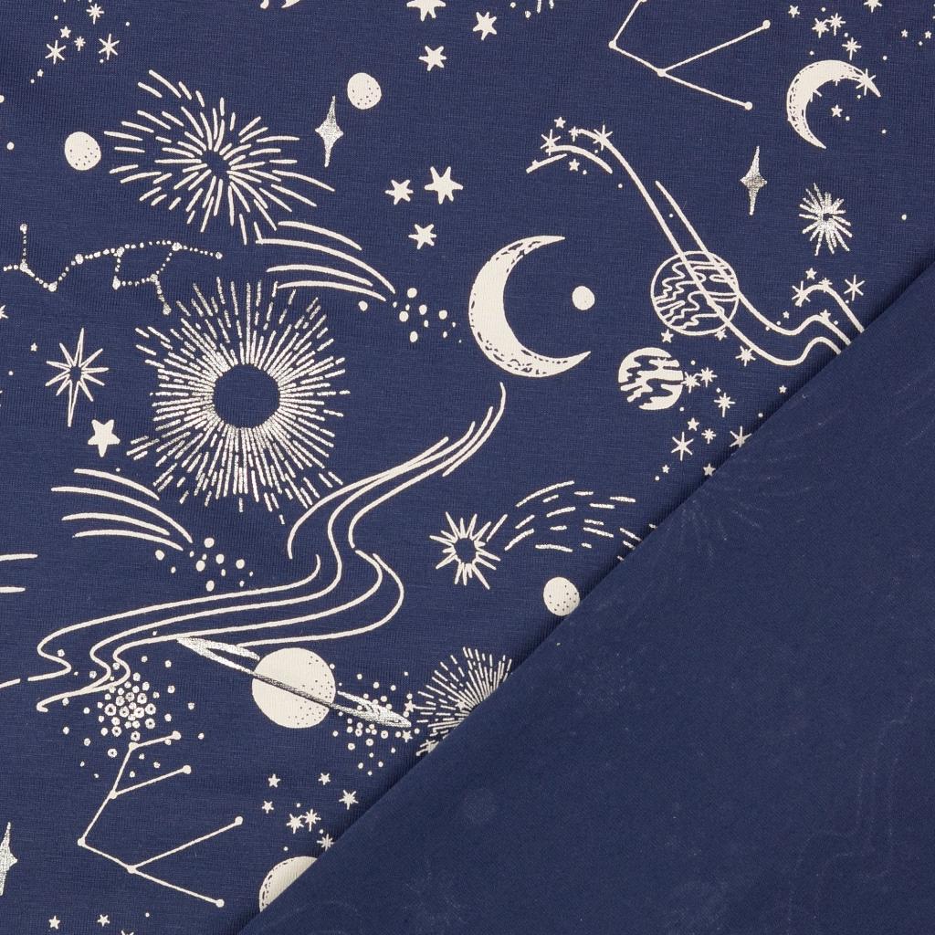 Baumwolljersey Weltall, Sternenbilder, dunkelblau, silber glitter