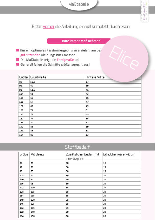 Schnittmuster, Kinder Hoodie Elice, Gr. 86-164