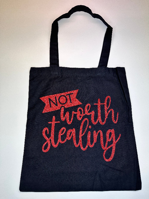 Baumwolltasche langer Henkel schwarz mit Glitzerroter Aufschrift - Simply Kreativ Schweiz 