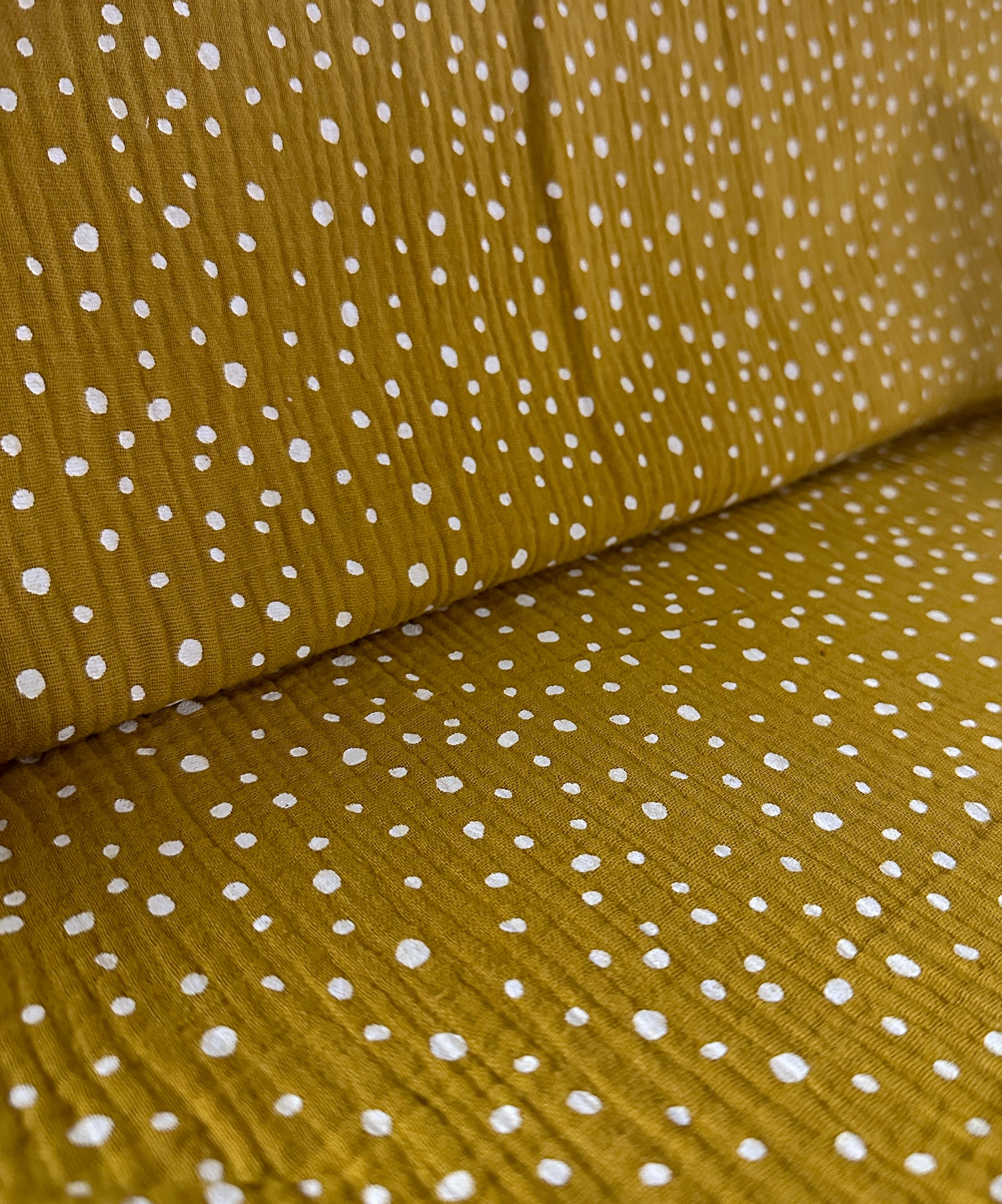 Musselin Double Gauze Stoff, Tupfen Weiss/Senf