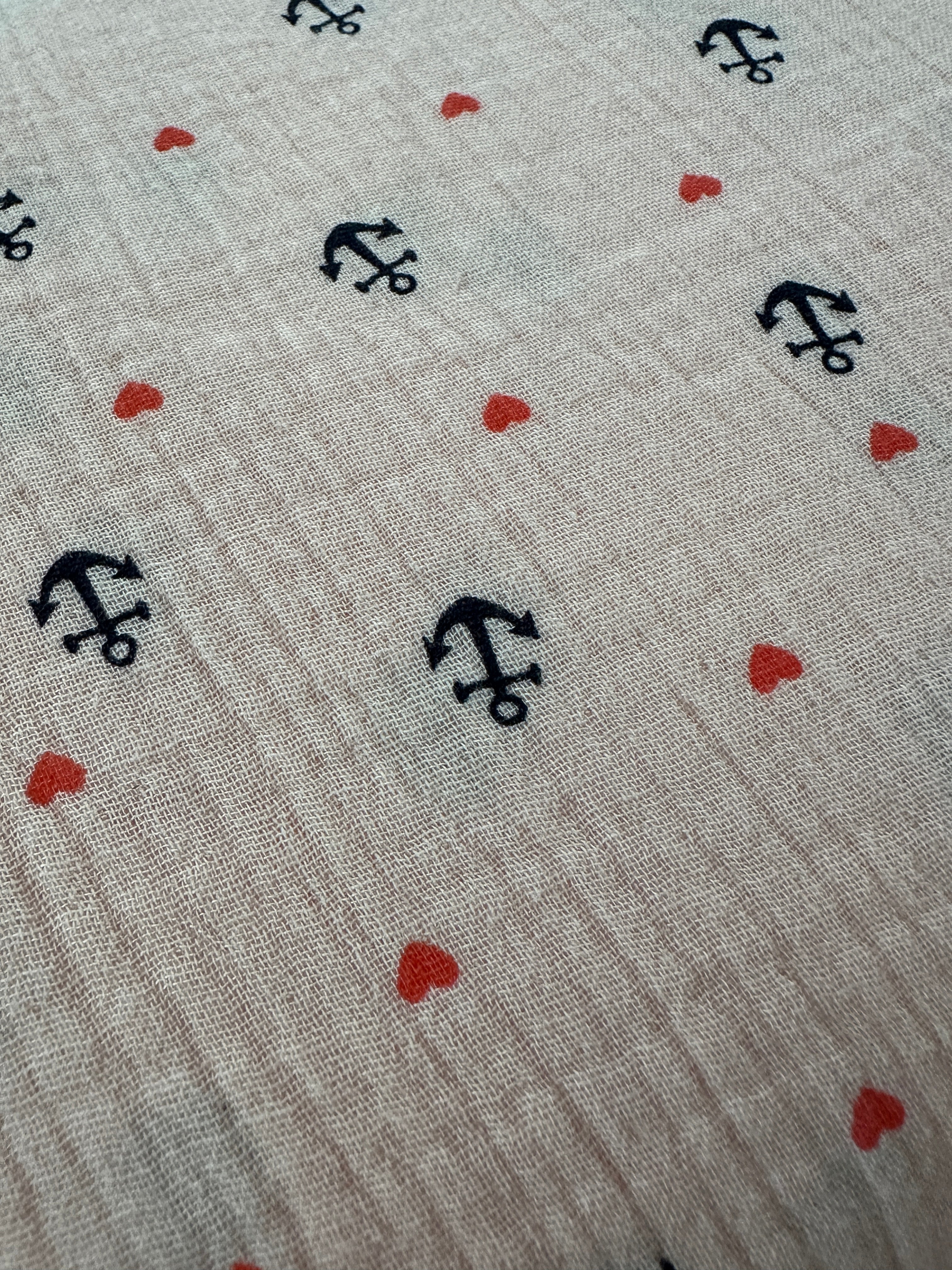 Musselin Double Gauze Stoff, rosa mit Anker und Herzen