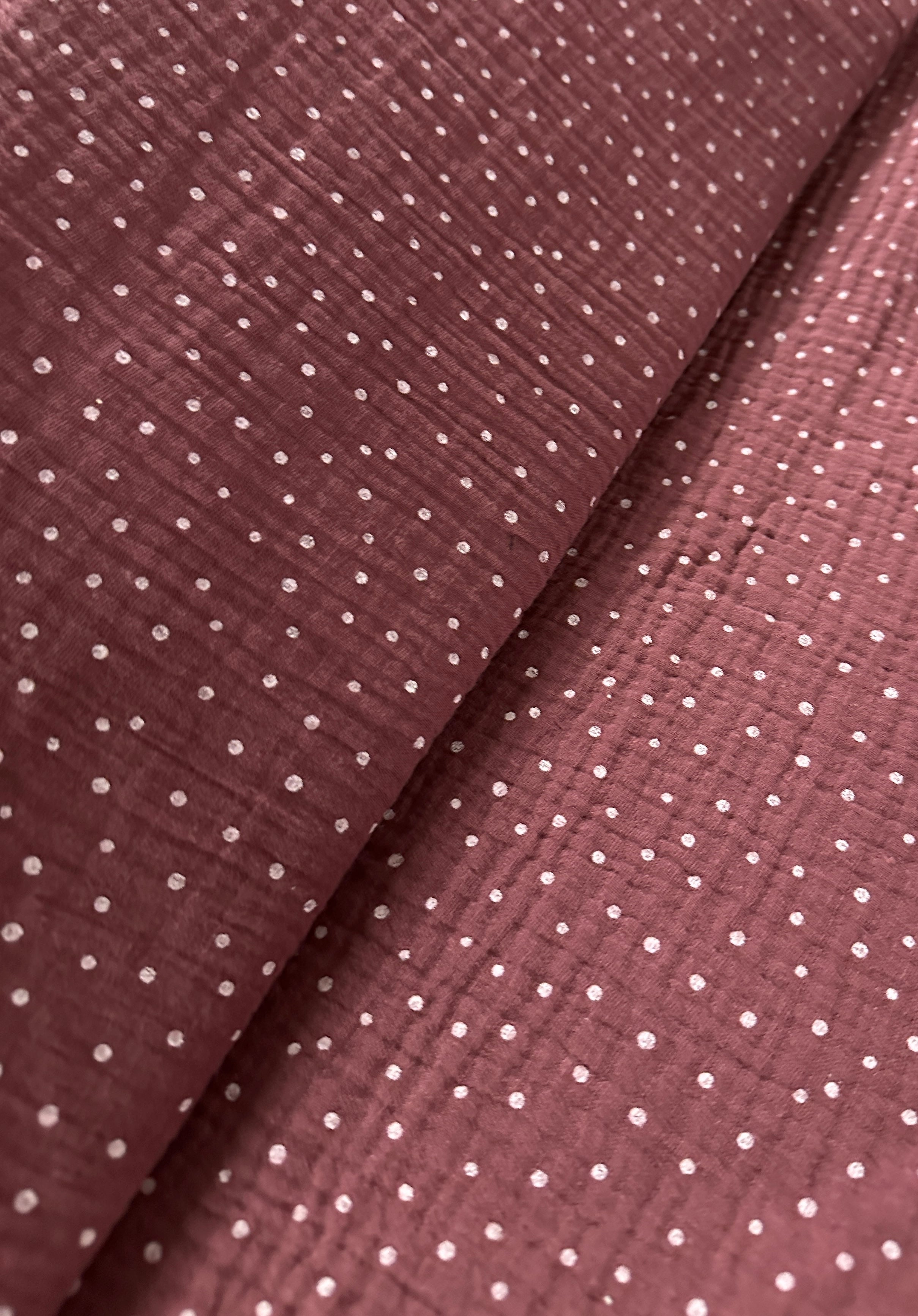 Musselin Double Gauze Stoff, Tupfen Weiss/Beere