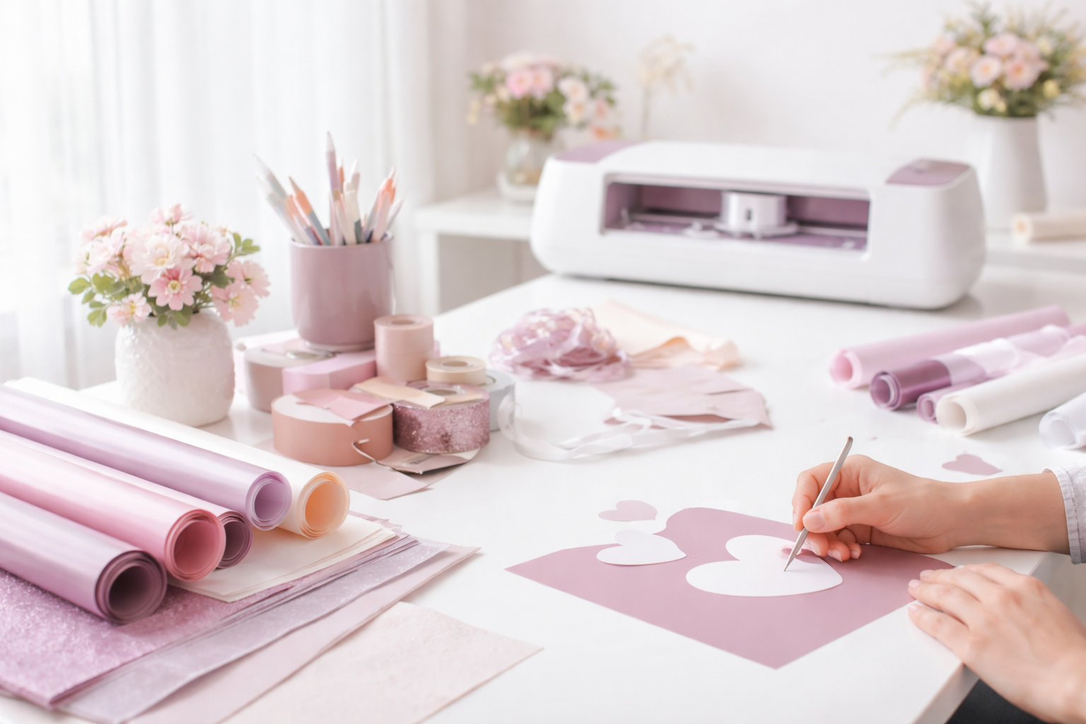 Heller kreativer Arbeitsplatz mit Plotter, Vinylfolien und DIY-Materialien in Pastellfarben. Person beim Gestalten eines Herzmotivs.