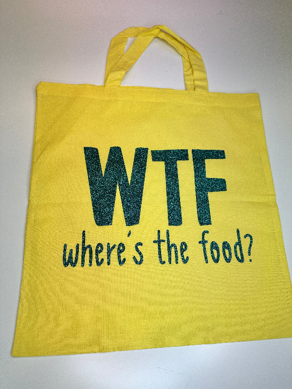 Stofftasche gelb mit grüner Gltizer  Aufschrift. Einzelstück - Simply Kreativ Schweiz 
