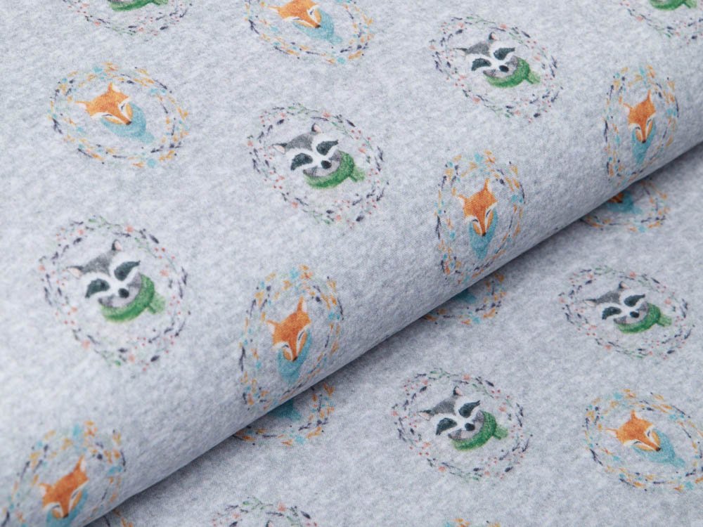 Musselin Double Gauze Stoff, Druck Füchse und Waschbären