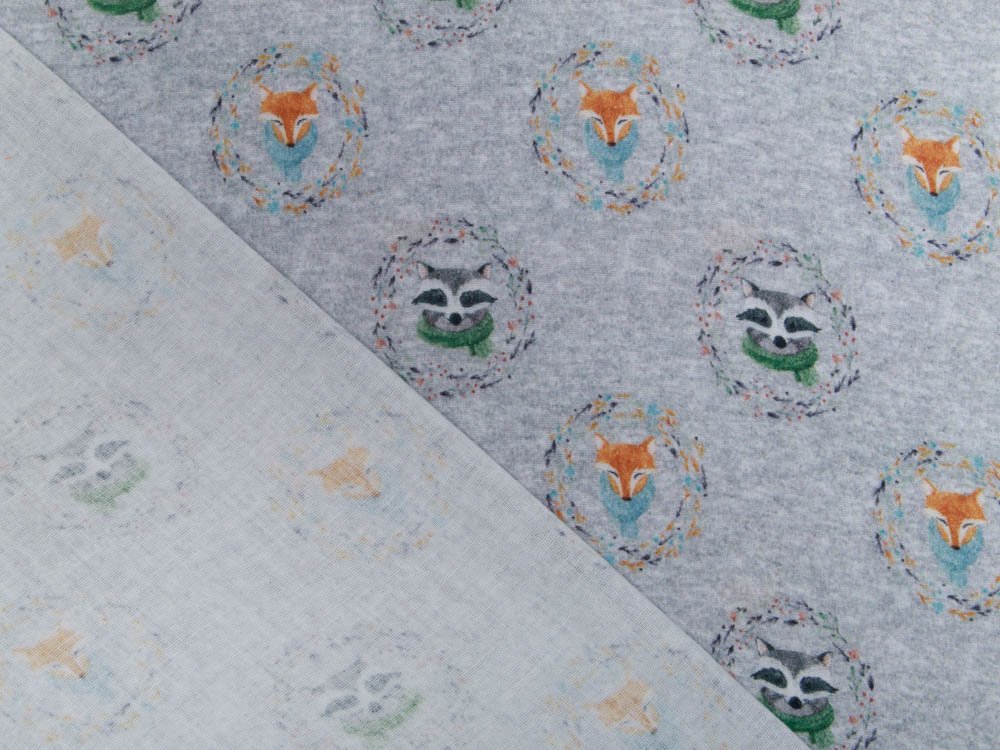 Musselin Double Gauze Stoff, Druck Füchse und Waschbären